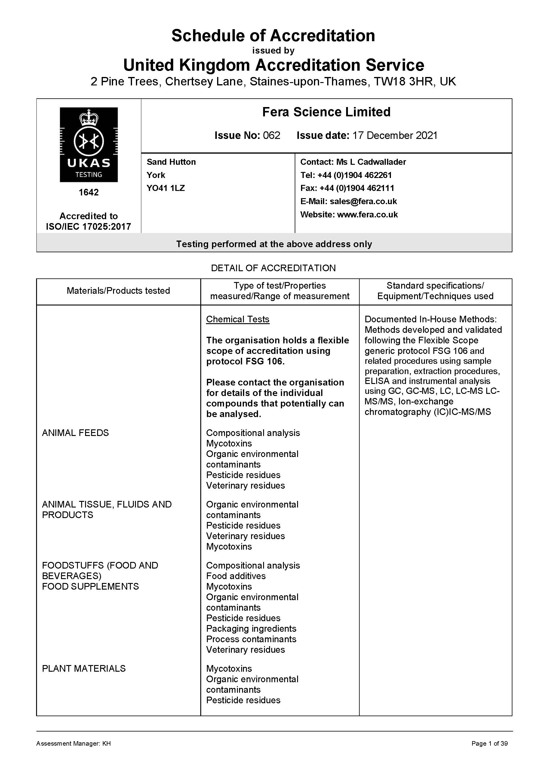 Fera Science Schedule of Accreditation