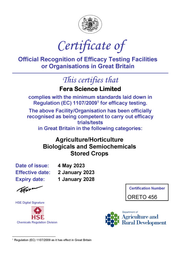 Efficacy Testing Certificate